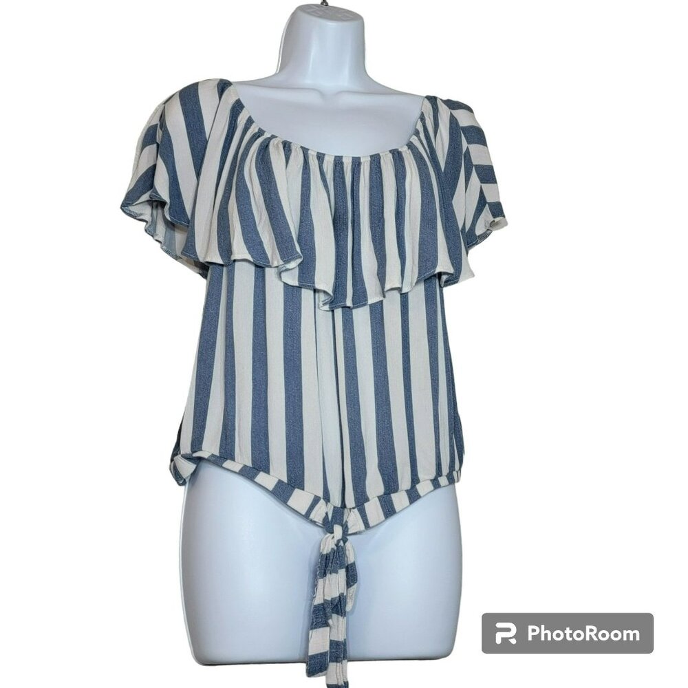 American Eagle Top, Women L, Blue & White Stripe, Crop w/Tie, Ruffle Neck, GUC